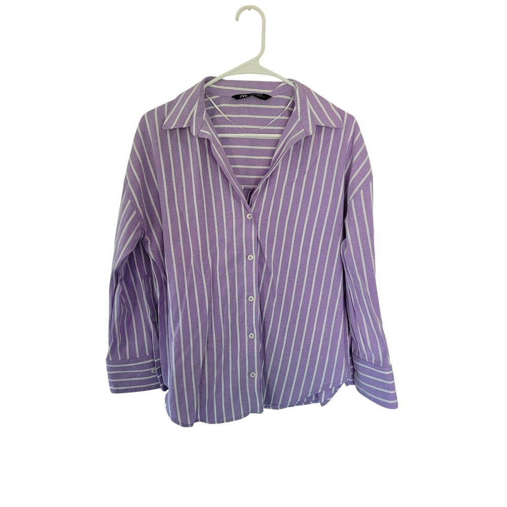 Zara‎ Striped Button-Up Shirt Women's Small Purple White Long Sleeve #2